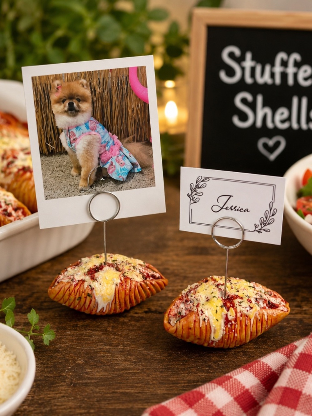 Stuffed Shells Place Card Holder, Photo Holder, Food Label | Handmade Set of 2